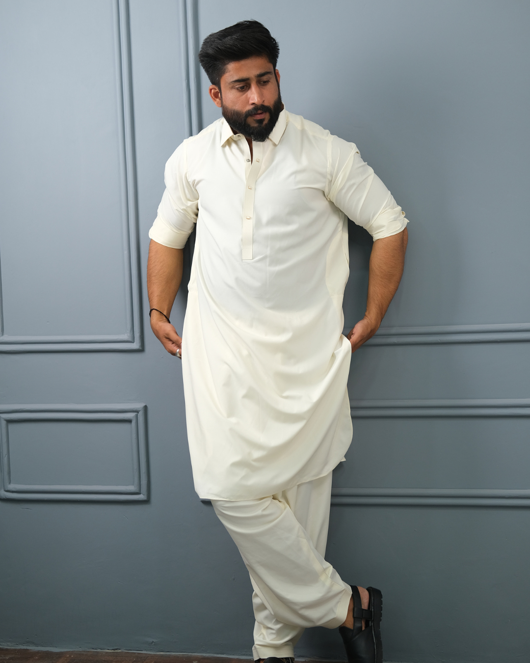 Cream Premium Boski Cotton Pathani Suit for Men - Luxury Ethnic Wear | The House of Pathan