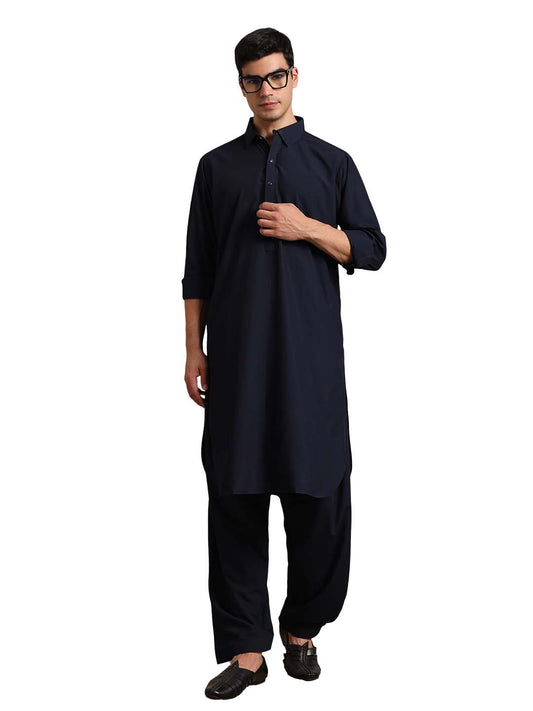 Navy Blue Boski Cotton Pathani Suit for men – The House of Pathan – view 1