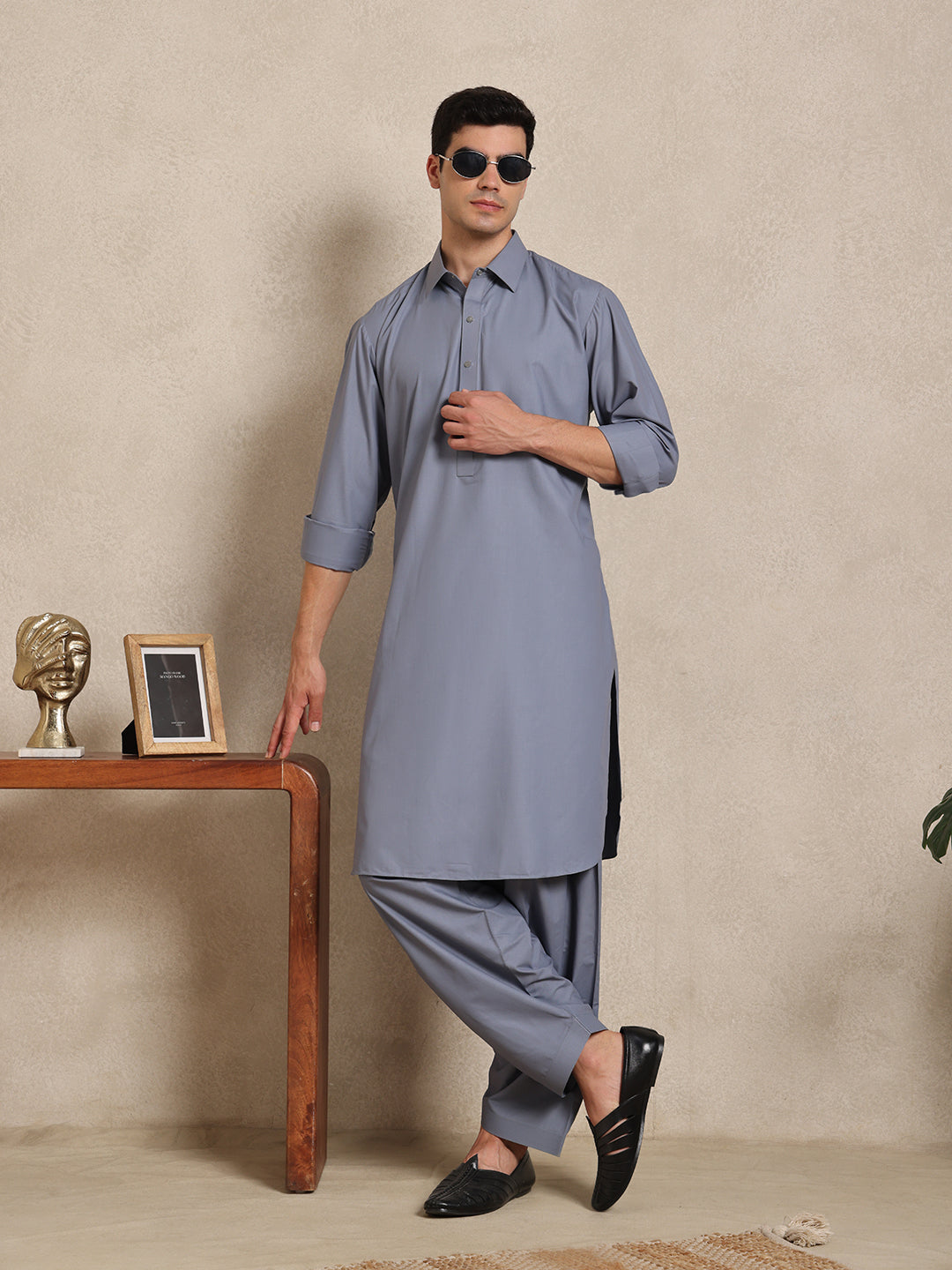 Slate Grey Boski Cotton Pathani Suit for men – The House of Pathan – view 6