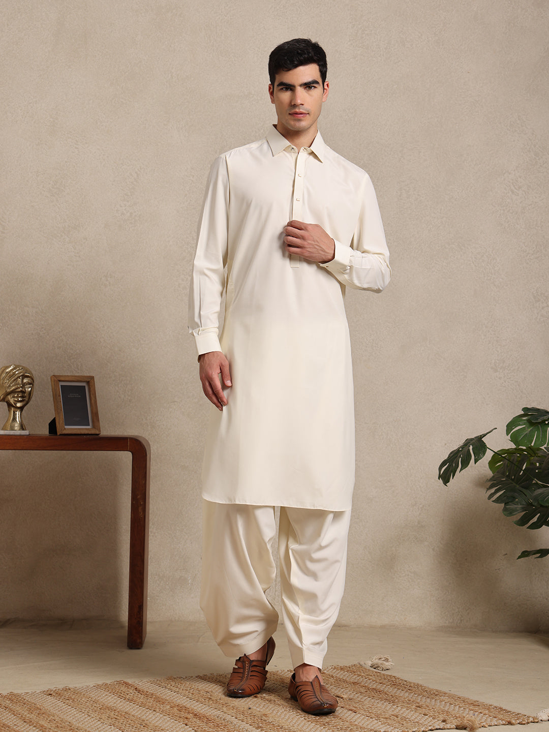 Cream Boski Cotton Pathani Suit for men – The House of Pathan – view 2
