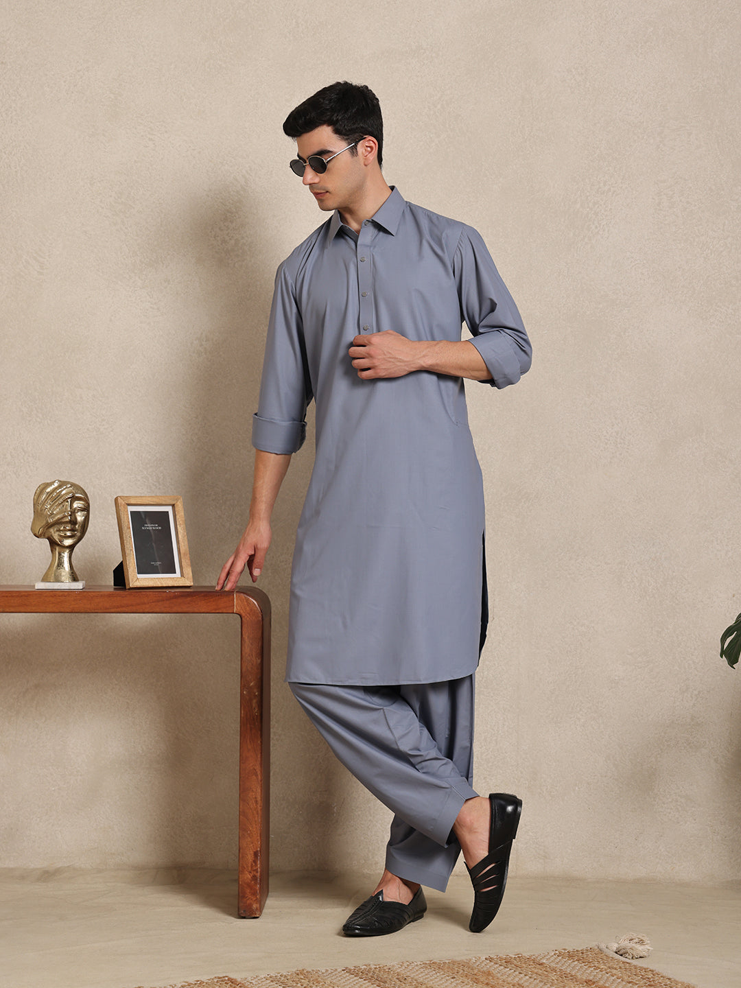 Slate Grey Boski Cotton Pathani Suit for men – The House of Pathan – view 7