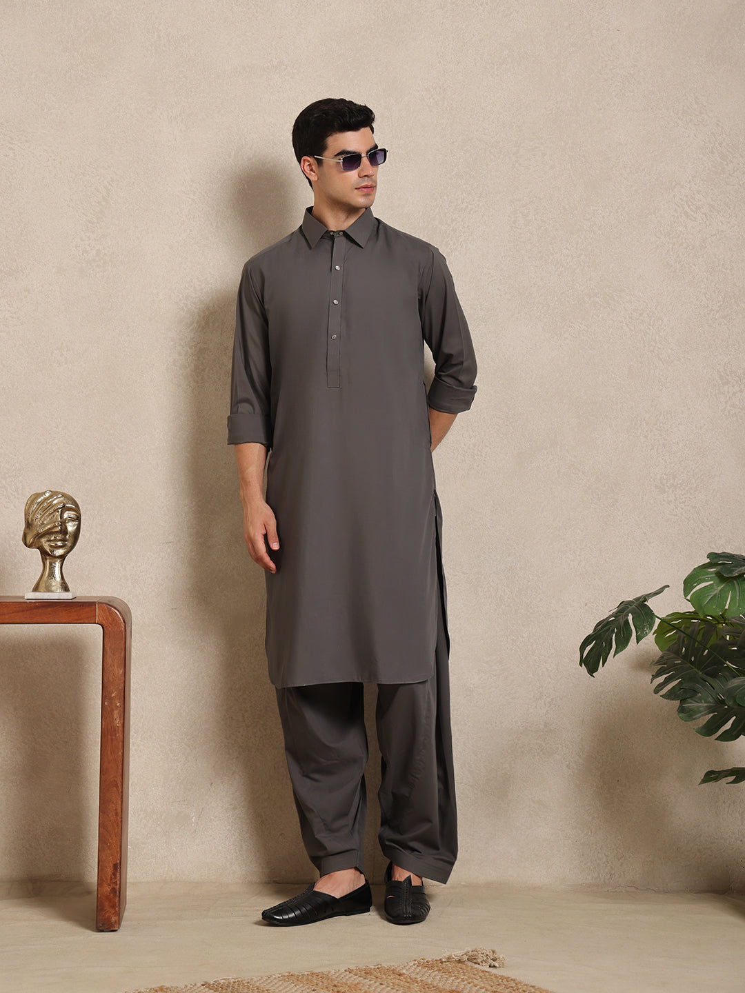 Charcoal Grey Boski Cotton Pathani Suit for men – The House of Pathan – view 7