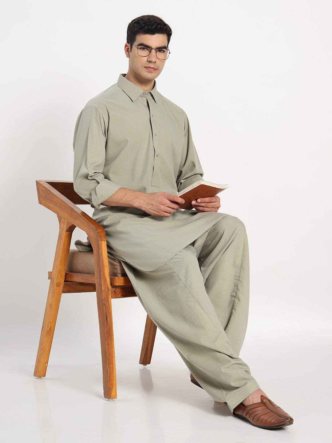 Olive Green Boski Cotton Pathani Suit for men – The House of Pathan – view 5