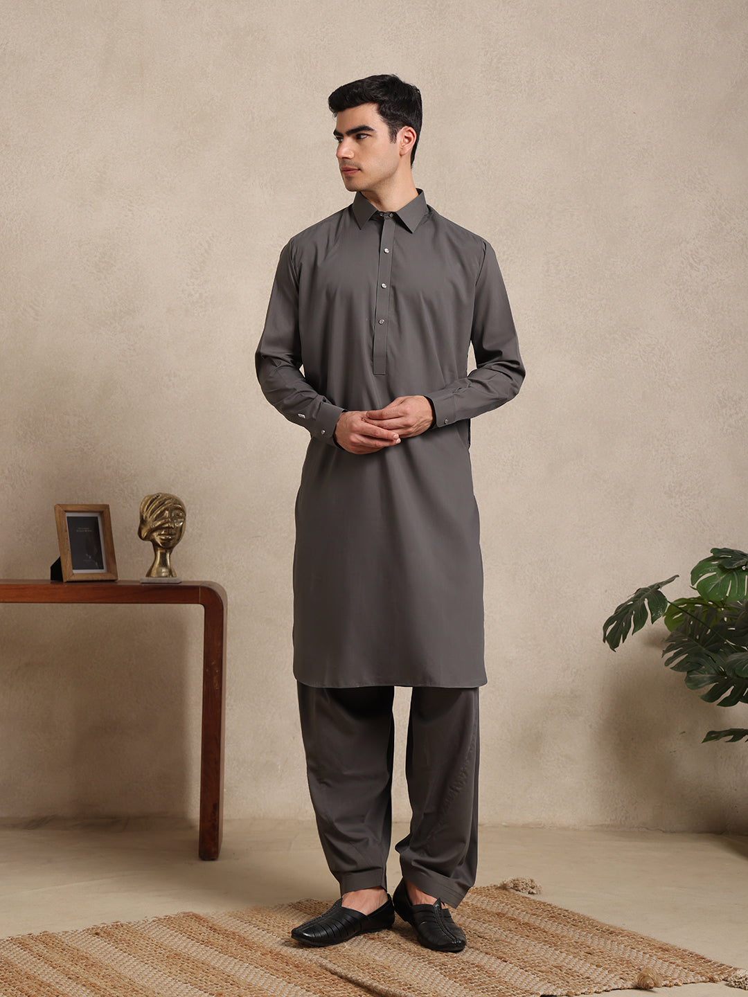Charcoal Grey Boski Cotton Pathani Suit for men – The House of Pathan – view 4