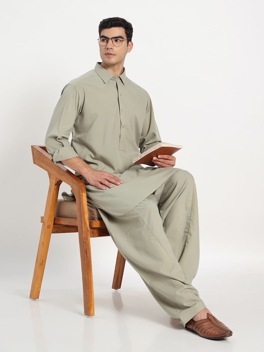 Olive Green Boski Cotton Pathani Suit for men – The House of Pathan – view 6