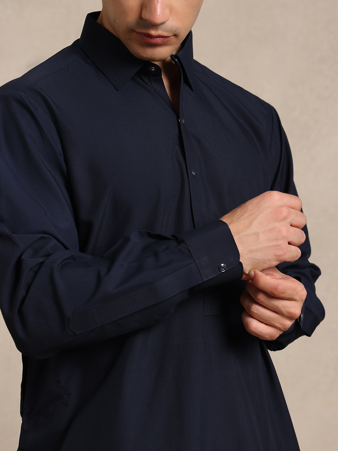 Navy Blue Boski Cotton Pathani Suit for men – The House of Pathan – view 4