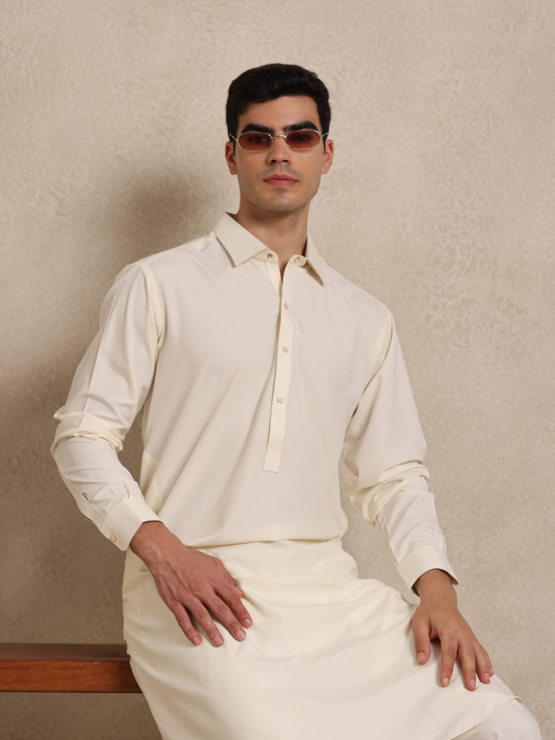Cream Boski Cotton Pathani Suit for men – The House of Pathan – view 5