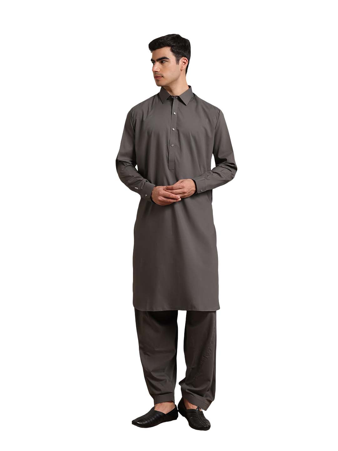Charcoal Grey Boski Cotton Pathani Suit for men – The House of Pathan – view 1