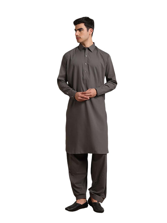 Charcoal Grey Boski Cotton Pathani Suit for men – The House of Pathan – view 1