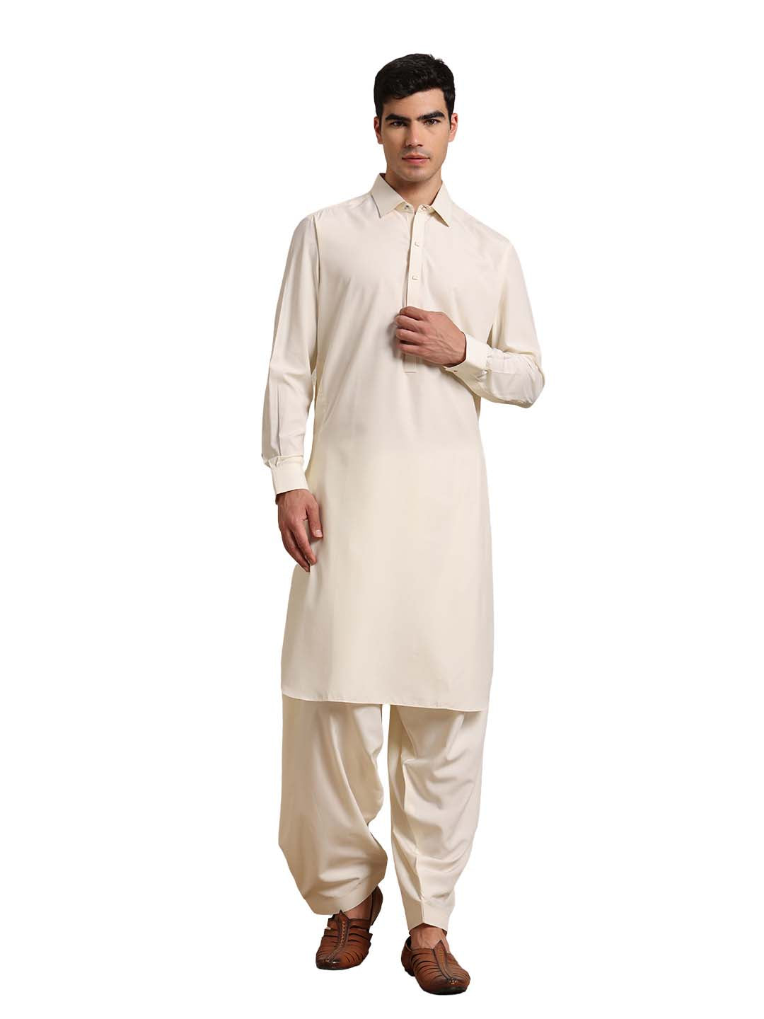 Cream Boski Cotton Pathani Suit for men – The House of Pathan – view 1