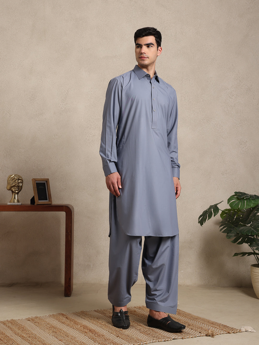 Slate Grey Boski Cotton Pathani Suit for men – The House of Pathan – view 4