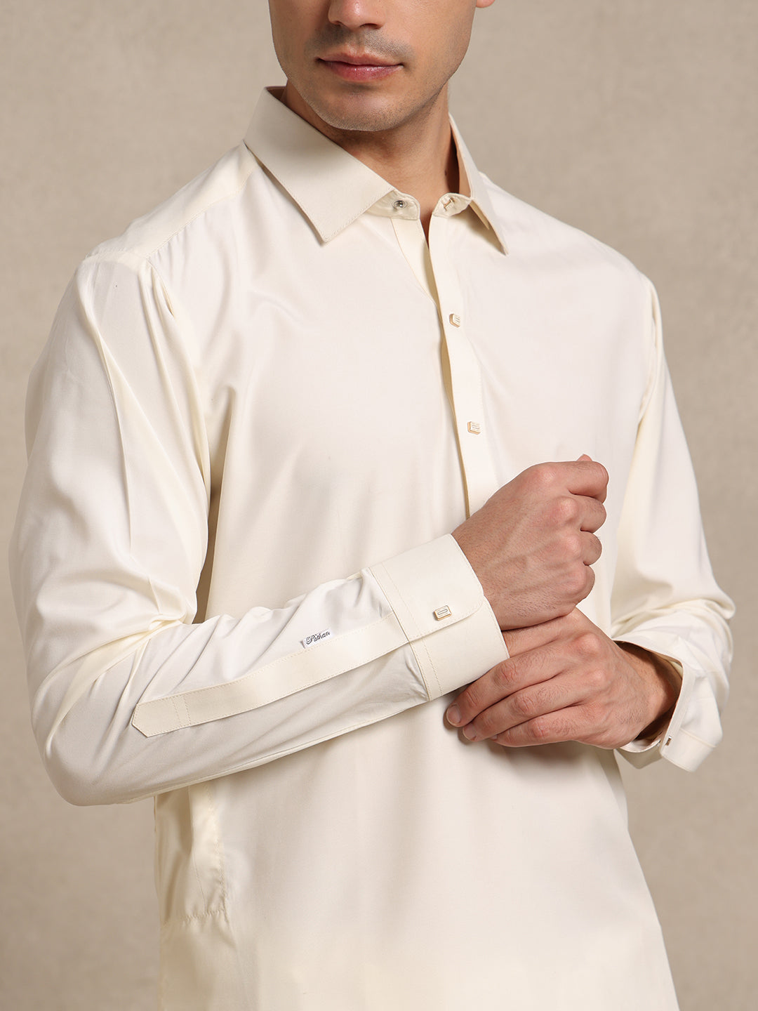 Cream Boski Cotton Pathani Suit for men – The House of Pathan – view 4