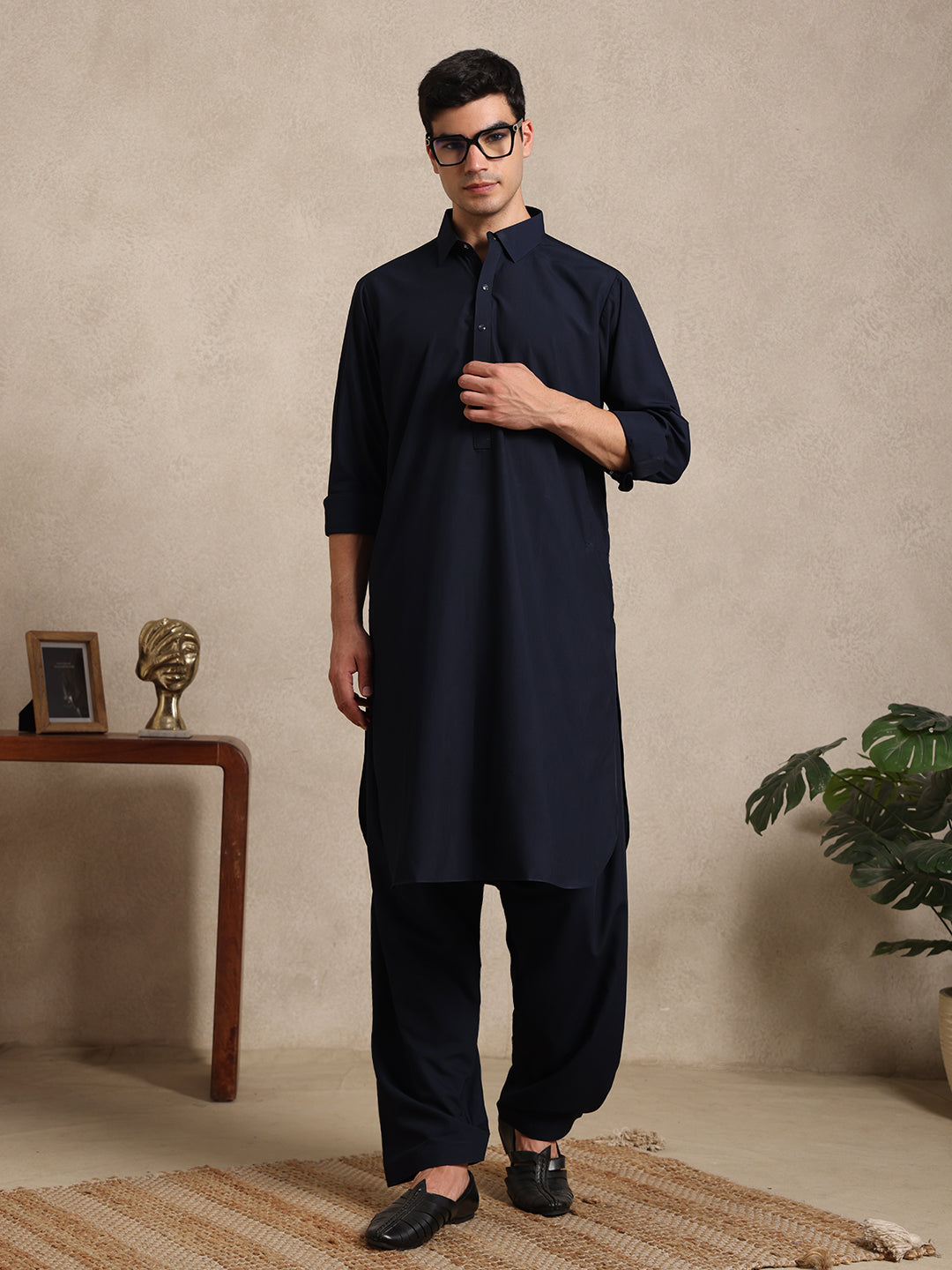 Navy Blue Boski Cotton Pathani Suit for men – The House of Pathan – view 5