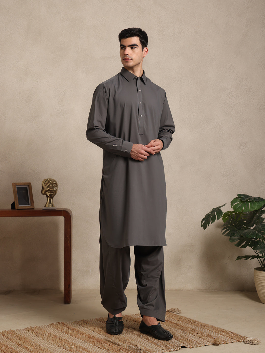 Charcoal Grey Boski Cotton Pathani Suit for men – The House of Pathan – view 5