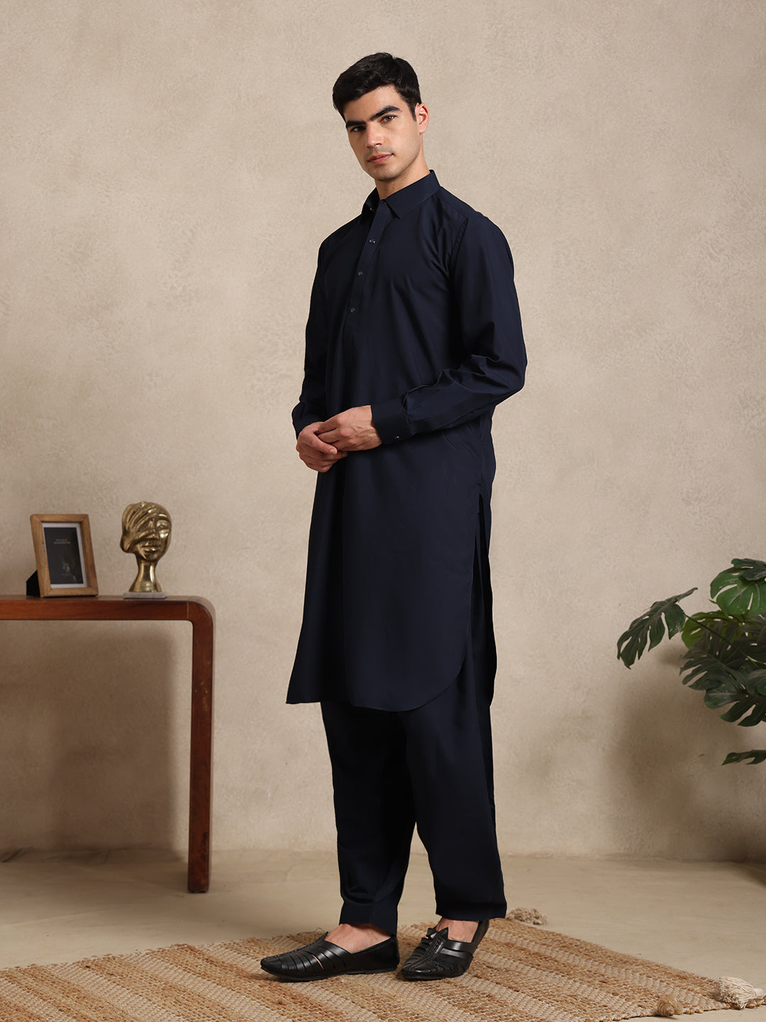 Navy Blue Boski Cotton Pathani Suit for men – The House of Pathan – view 3