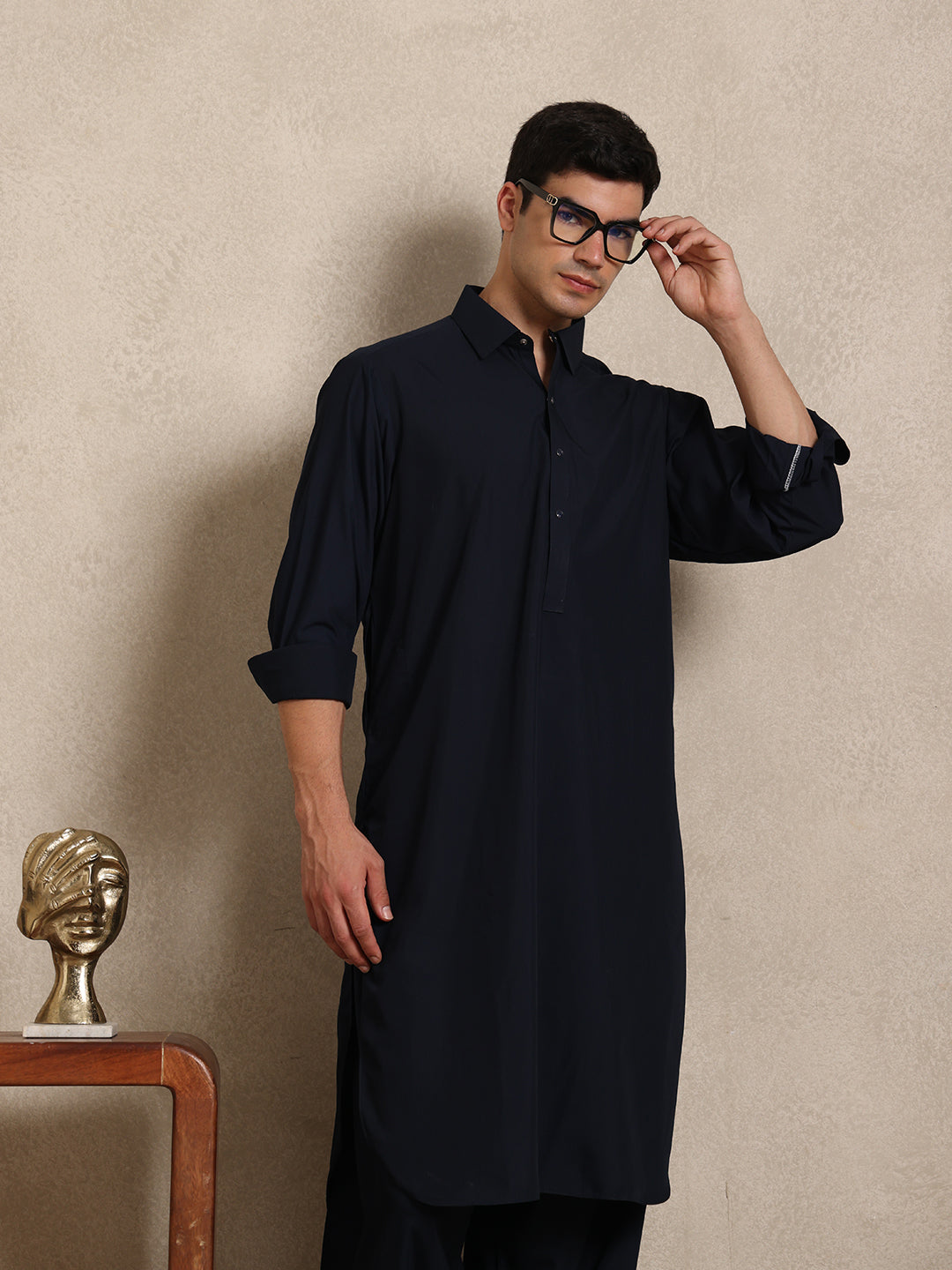 Navy Blue Boski Cotton Pathani Suit for men – The House of Pathan – view 7