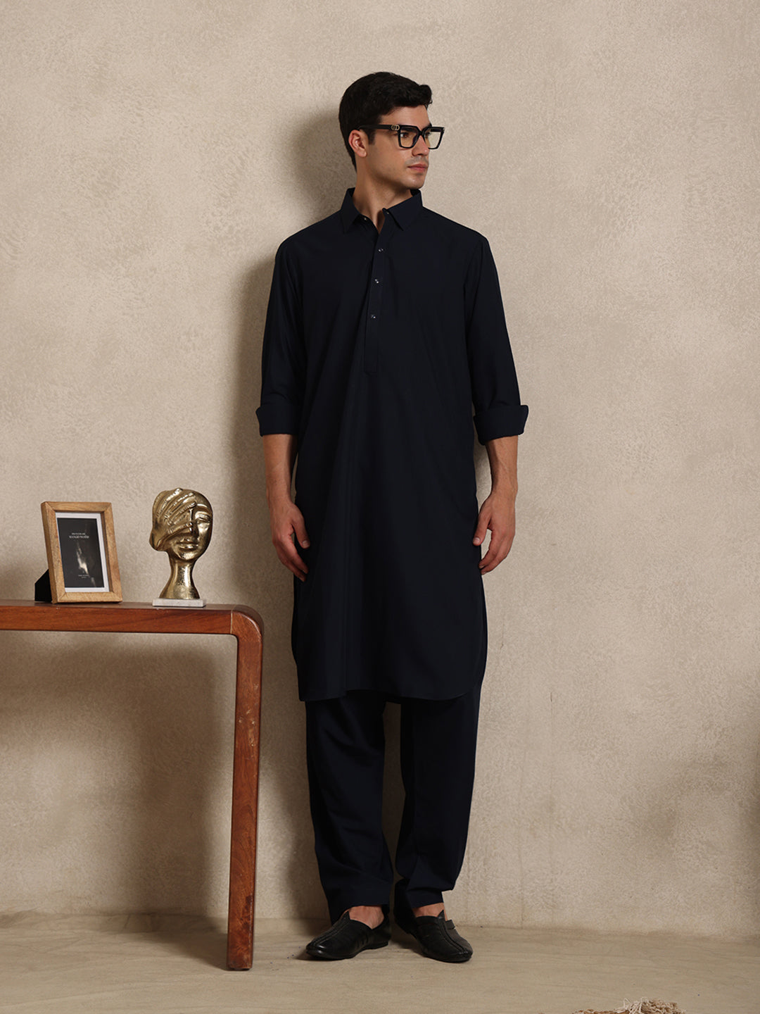 Navy Blue Boski Cotton Pathani Suit for men – The House of Pathan – view 6