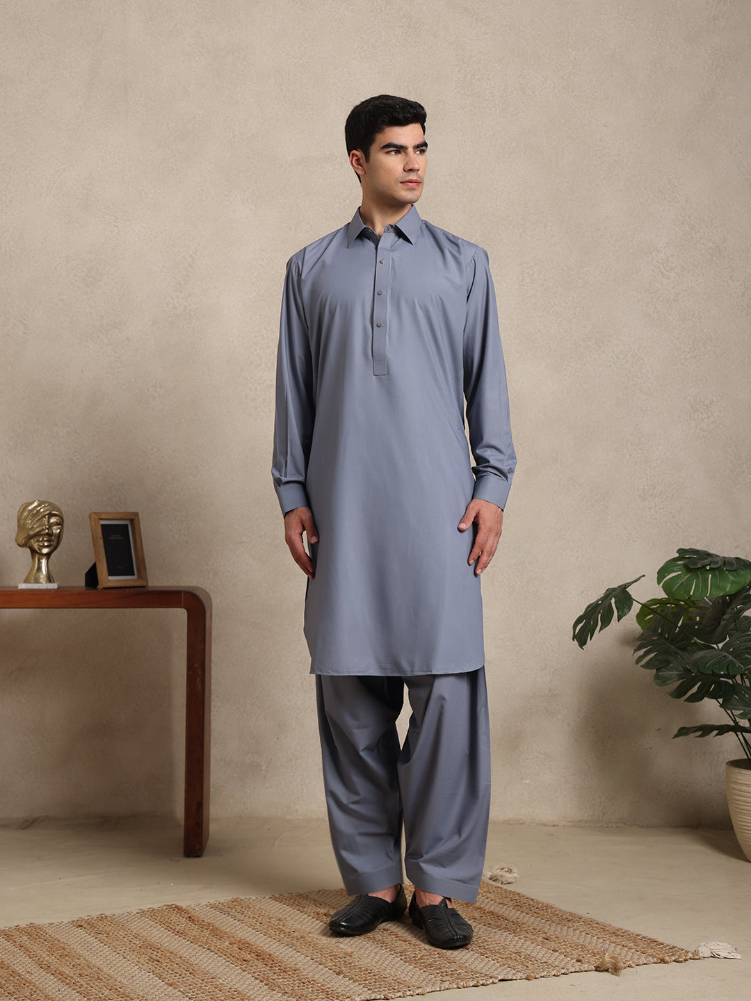Slate Grey Boski Cotton Pathani Suit for men – The House of Pathan – view 3