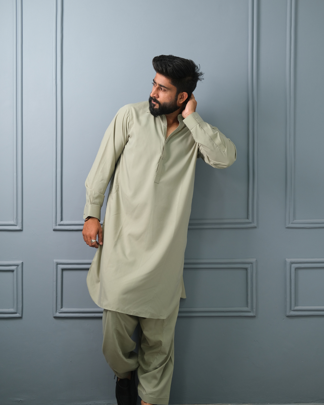 Sage Grey Premium Boski Cotton Pathani Suit for Men - Luxury Ethnic Wear | The House of Pathan