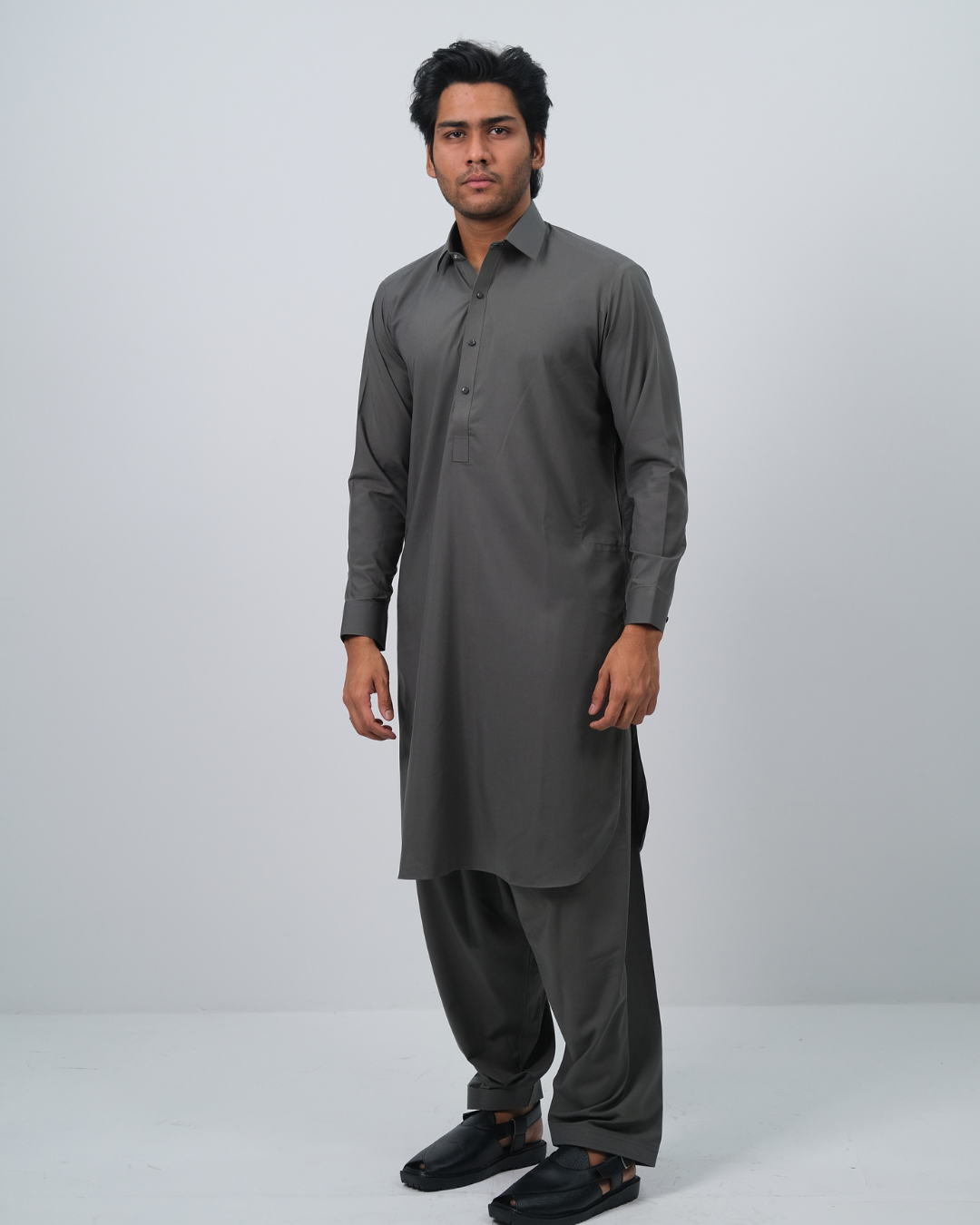 Charcoal Grey Premium Boski Cotton Pathani Suit for Men - Luxury Ethnic Wear | The House of Pathan