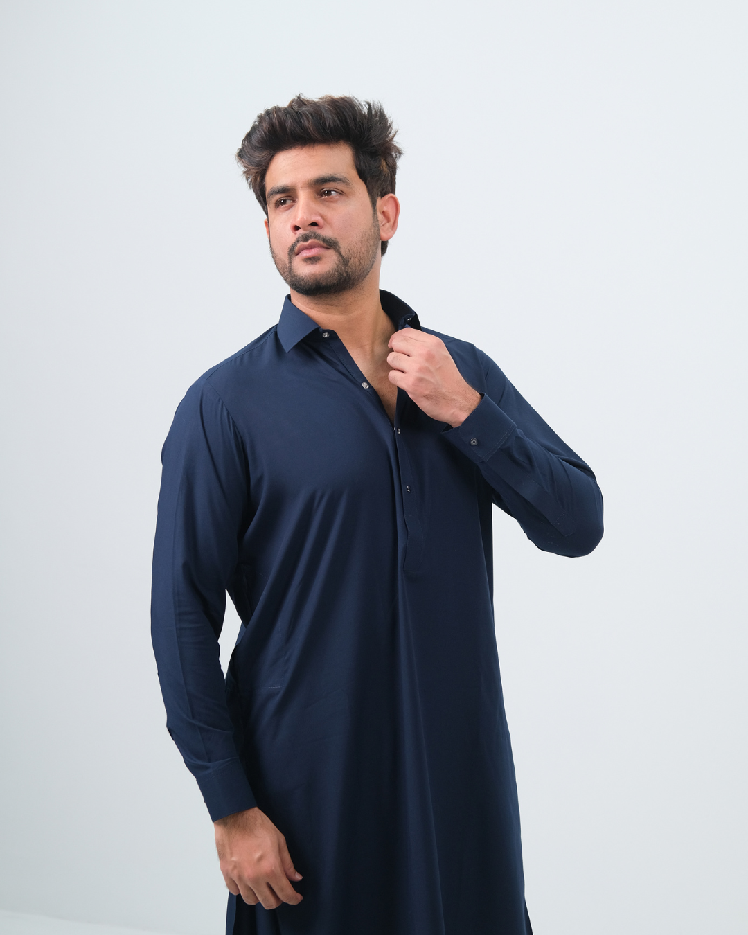 Navy Blue Premium Boski Cotton Pathani Suit for Men - Luxury Ethnic Wear | The House of Pathan